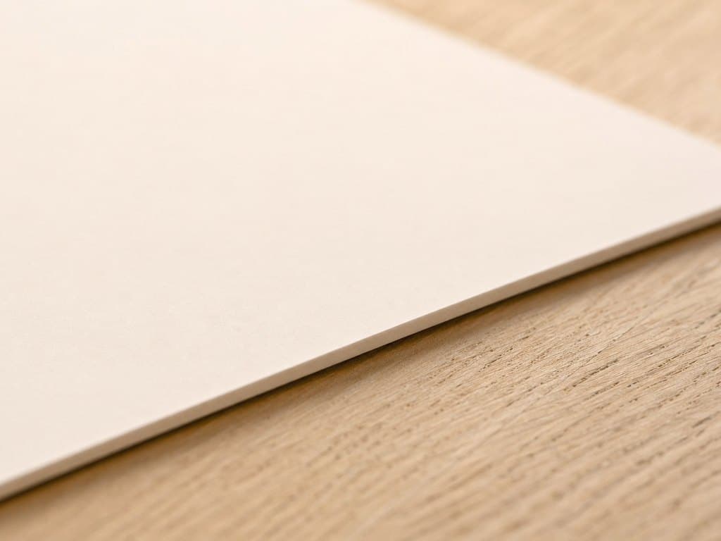 Gros plan en lumière rasante sur le coin d'une feuille de papier fine art mat, bord coupé net