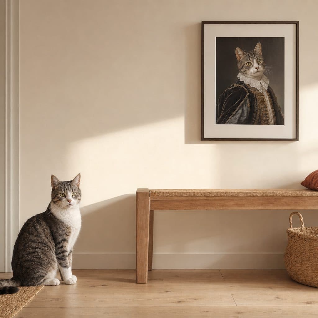 Un chat tigré gris et blanc assis dans une entrée claire, à côté de son portrait en habit de cour encadré, accroché au mur