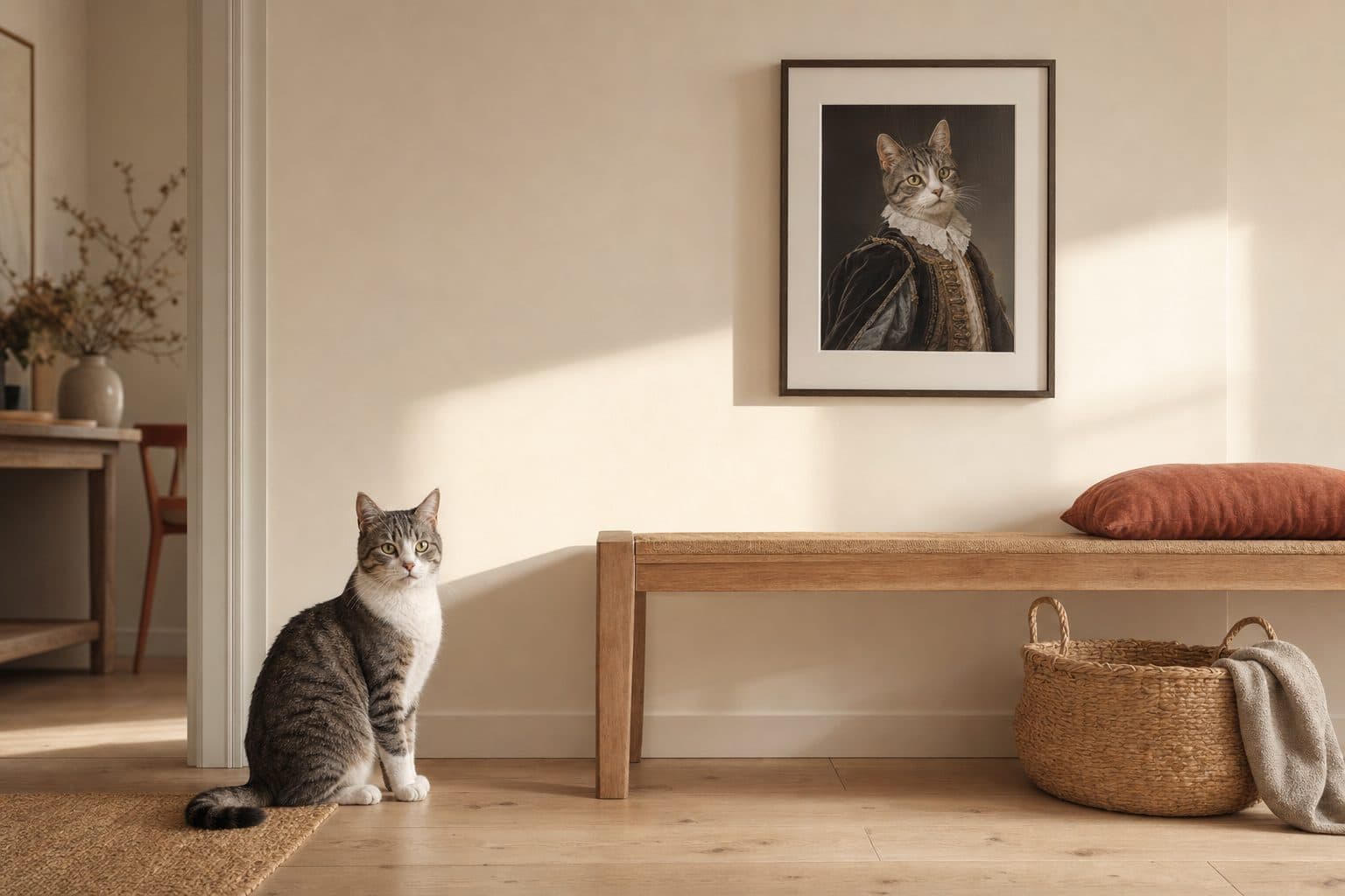 Un chat tigré gris et blanc assis dans une entrée claire, à côté de son portrait en habit de cour encadré, accroché au mur