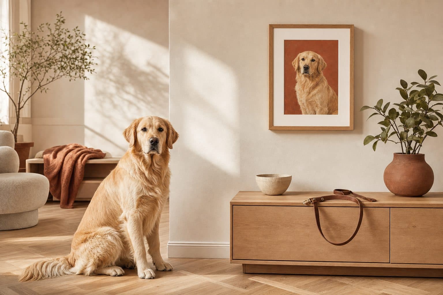 Un golden retriever assis sur le parquet d’un salon clair, à côté de son portrait à l’huile encadré, accroché au mur