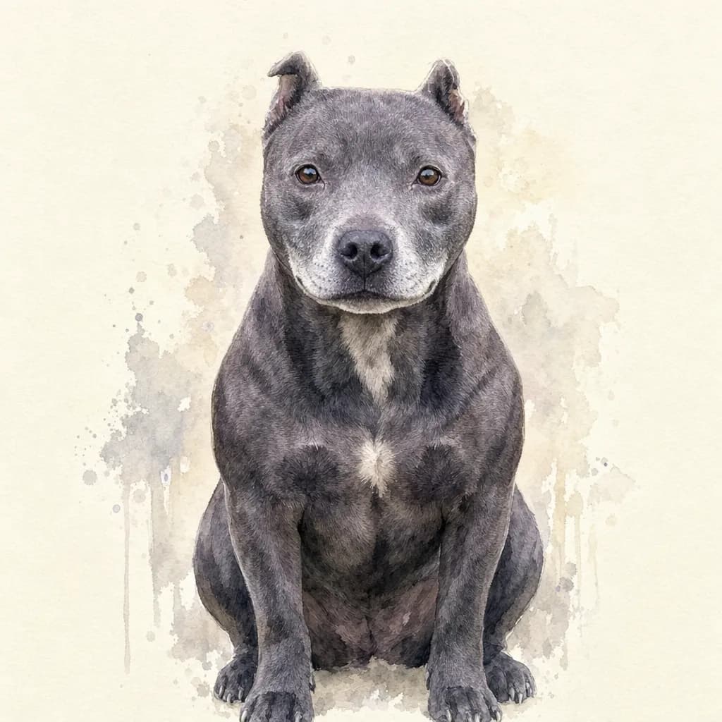 Portrait à l'aquarelle d'un chien gris-bleu au poil ras, assis de face, lavis clairs sur fond blanc cassé