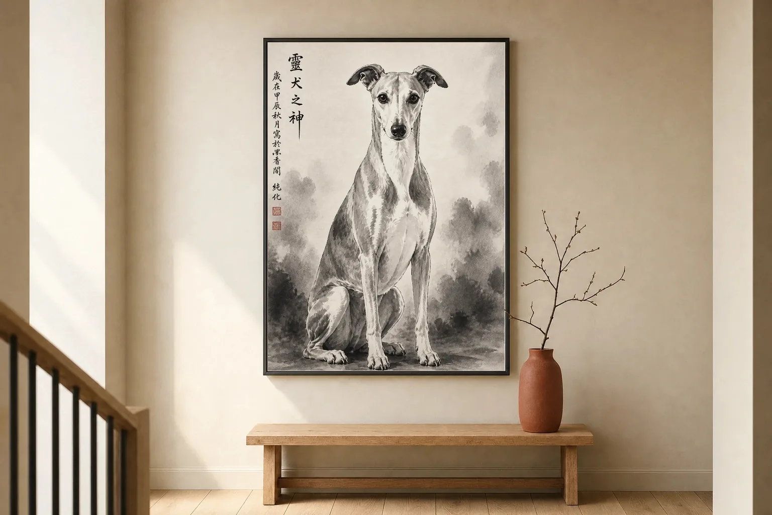 Portrait à l'encre de Chine encadré, accroché au-dessus d'un banc de palier