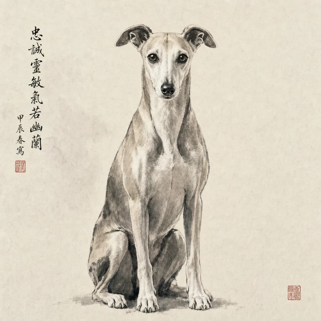 Portrait à l'encre de Chine d'un whippet, lavis gris sur papier ivoire, inscription calligraphiée et sceau rouge