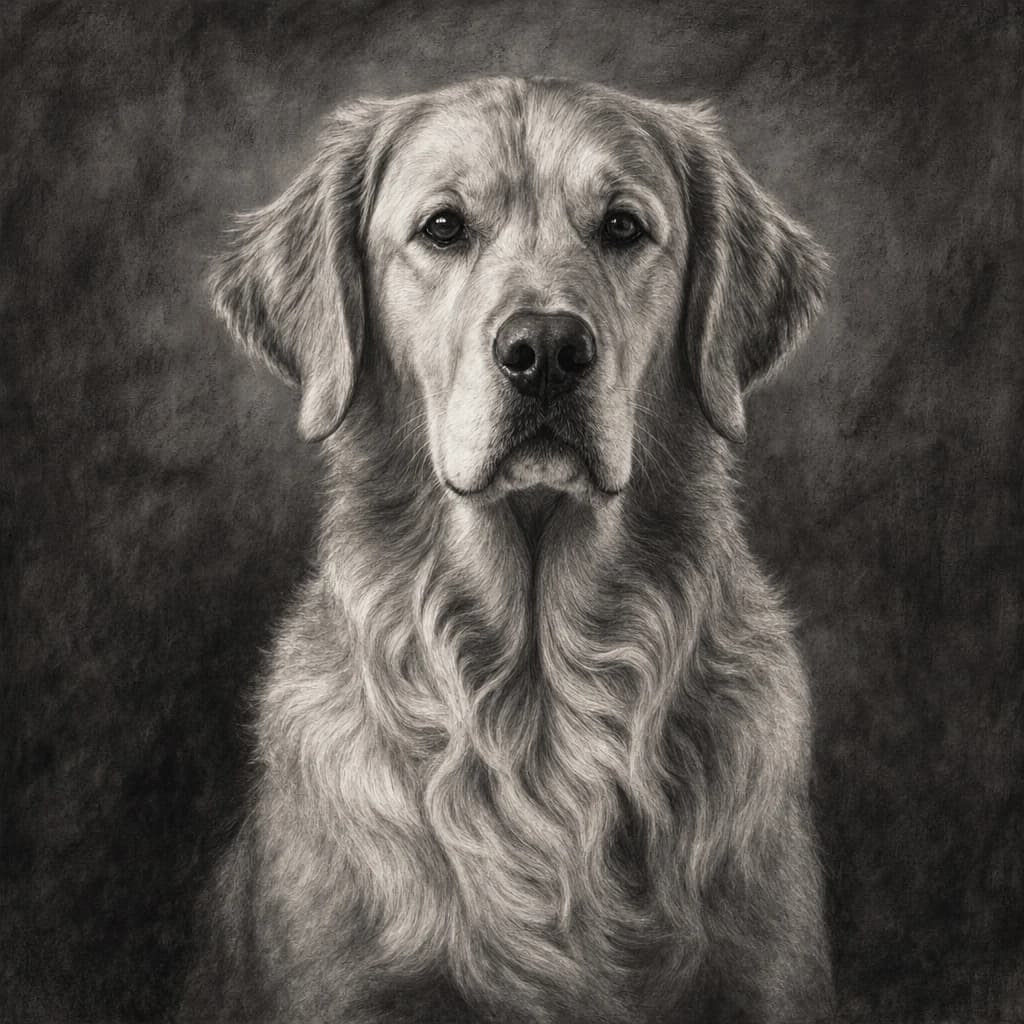 Portrait au fusain d'un golden retriever, gris et noirs modelés sur un fond sombre estompé