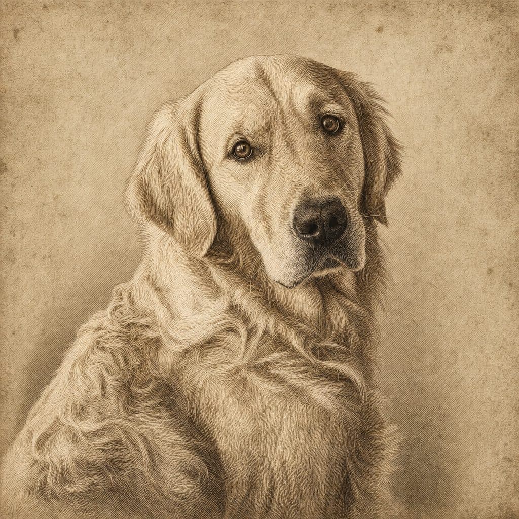 Portrait de chien en gravure sépia, hachures serrées