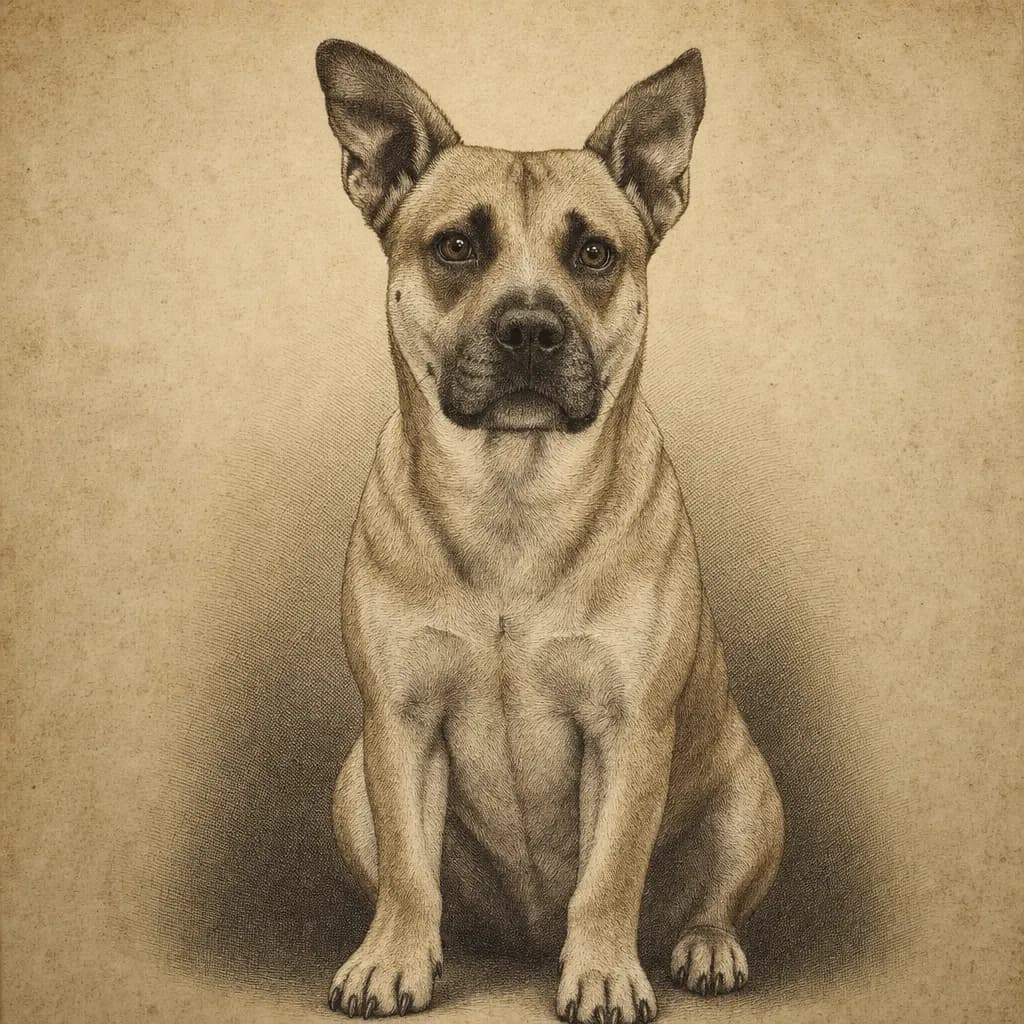 Portrait d'un chien fauve en gravure, hachures serrées à l'encre sépia sur papier vieilli