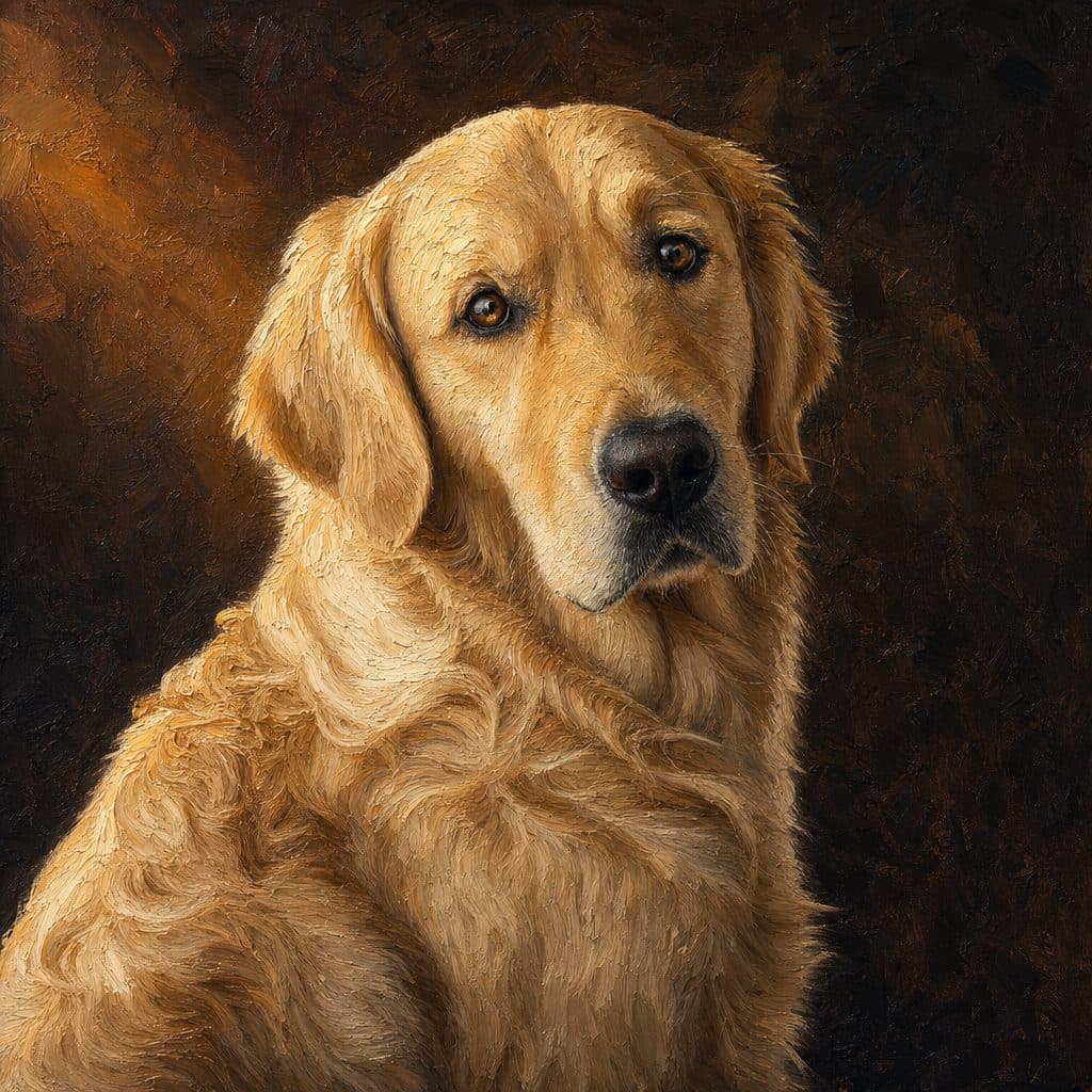 Portrait de chien à l'huile, fond sombre chaud