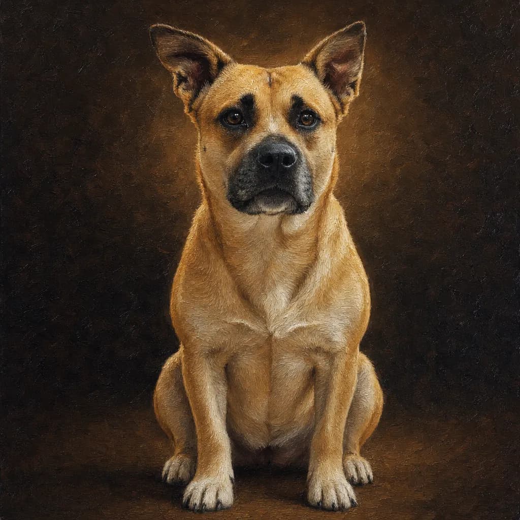 Portrait à l'huile d'un chien fauve au masque noir, assis de face sur fond brun profond