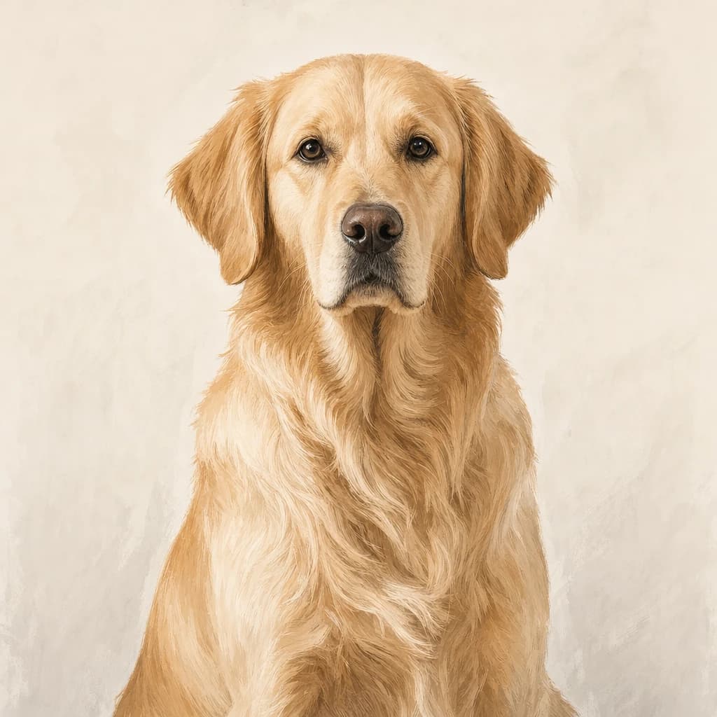 Portrait d'un golden retriever en illustration contemporaine, aplats doux sur fond crème