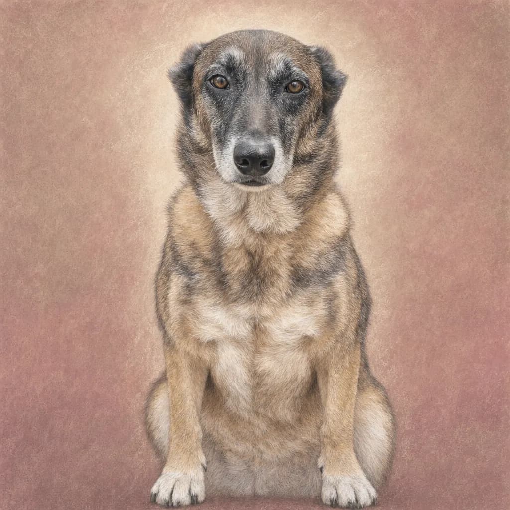 Portrait au pastel sec d'un chien bringé au museau grisonnant, teintes poudrées et halo lumineux