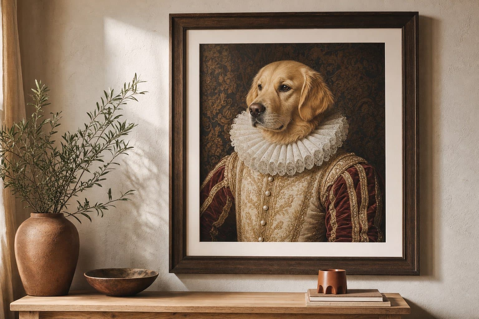 Portrait royal encadré, accroché au-dessus d'une console