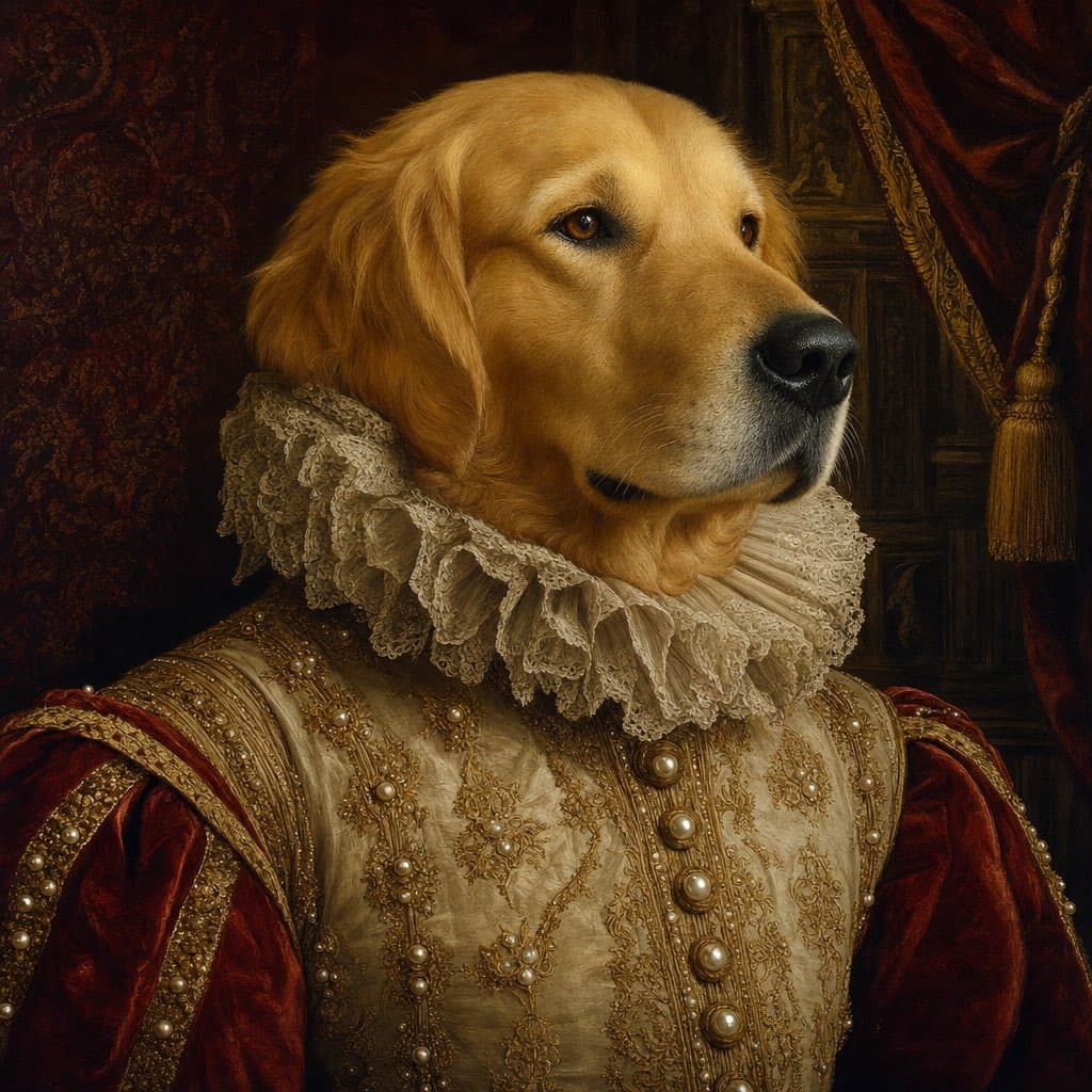 Portrait de golden retriever en habit de cour sur fond de velours