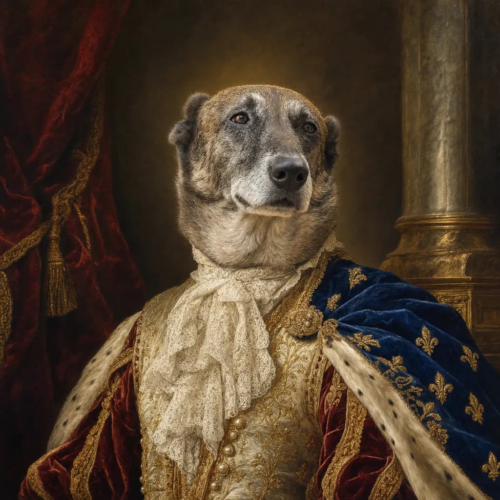 Portrait d'apparat d'un chien bringé : jabot de dentelle, pourpoint de brocart et manteau de sacre bordé d'hermine devant une tenture cramoisie