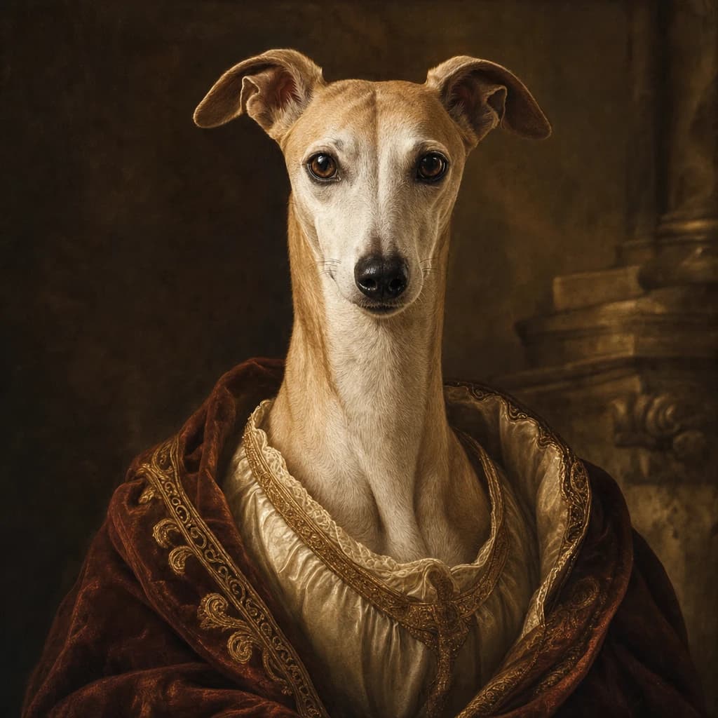 Portrait Renaissance d'un whippet fauve en pourpoint rouge et or, modelé fondu sur fond sombre