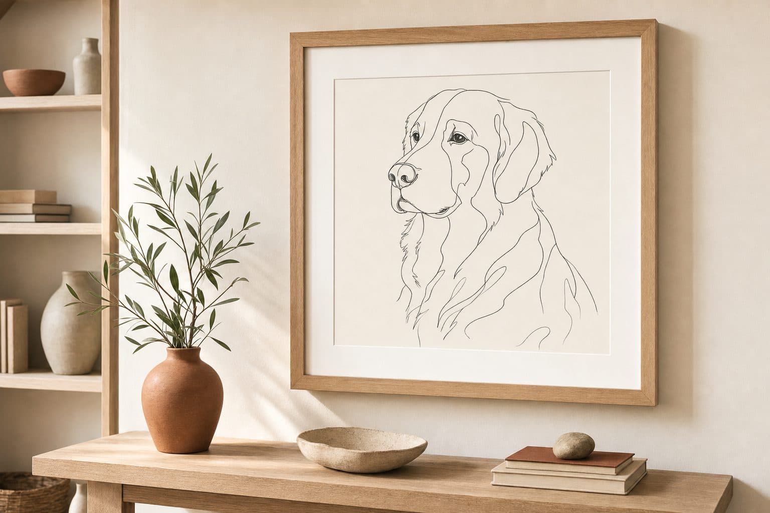 Portrait au trait épuré encadré, accroché au-dessus d'une console