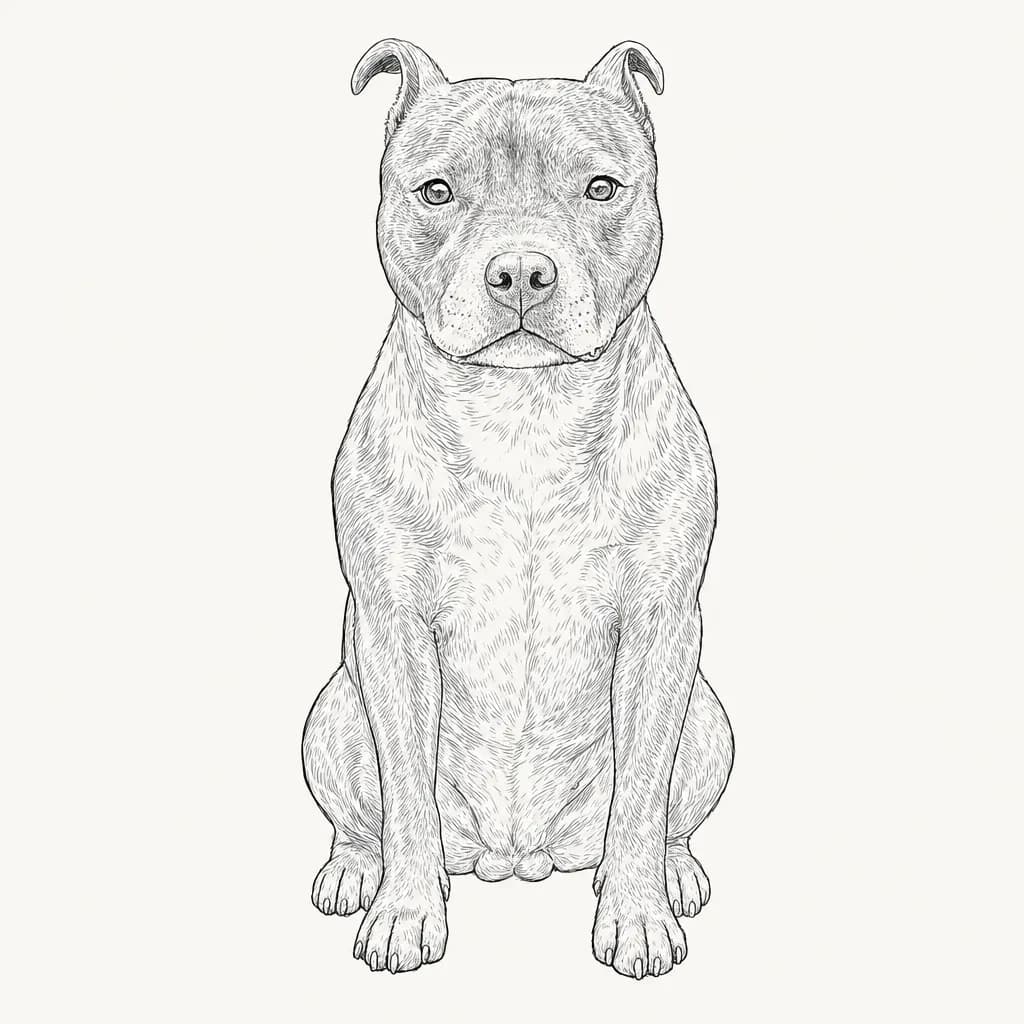 Portrait de chien au trait d'encre, assis de face, sans ombre ni aplat, sur fond blanc cassé