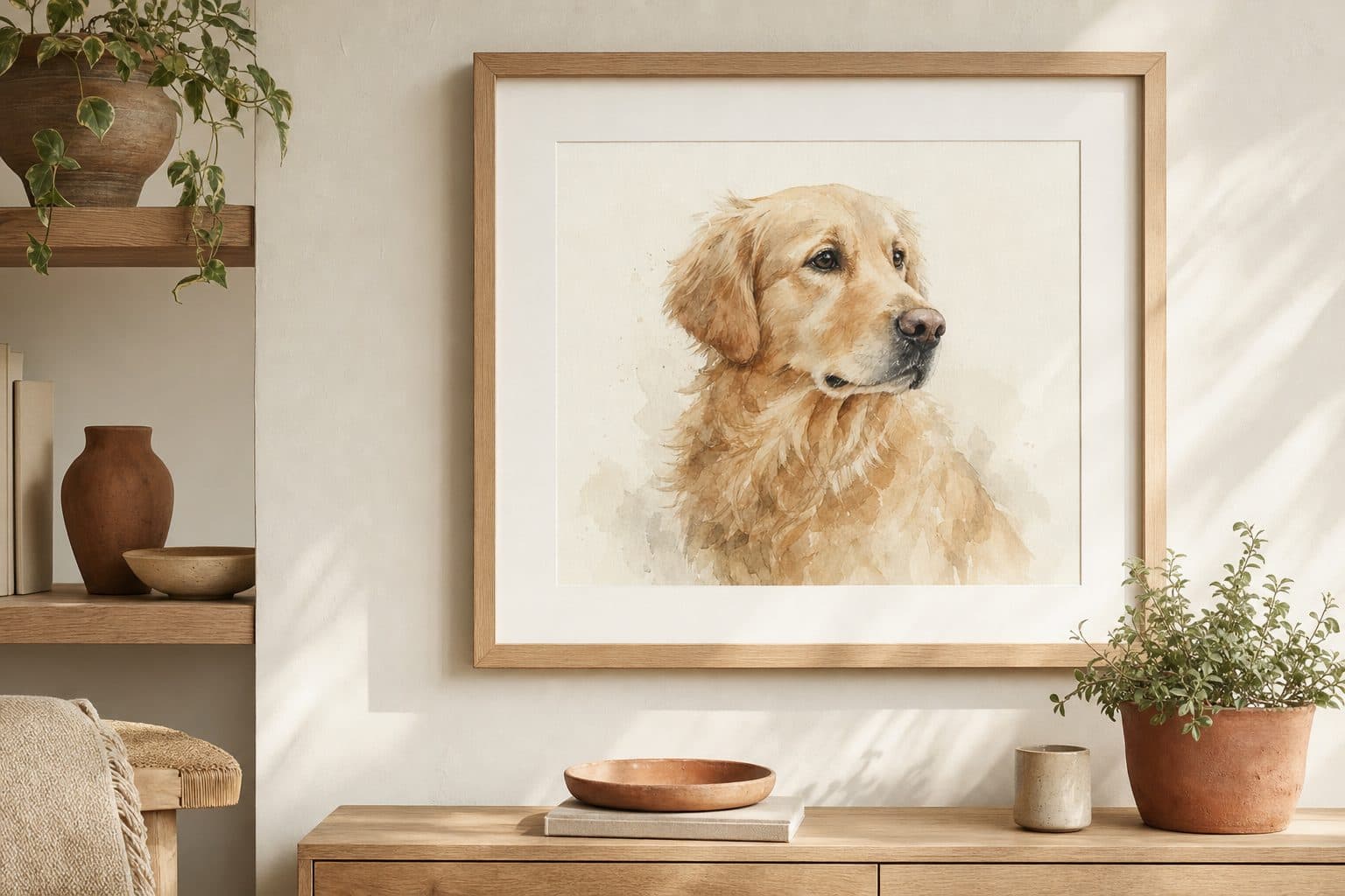 Portrait à l'aquarelle encadré, accroché dans un intérieur clair
