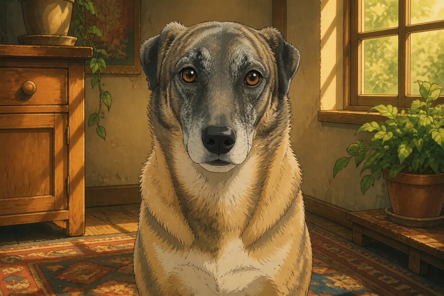 Portrait en dessin animé : l'animal dans un intérieur peint, traversé par la lumière d'une fenêtre