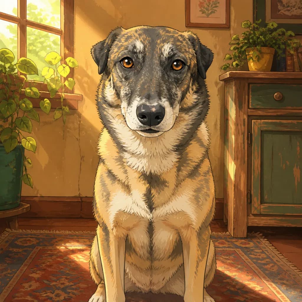 Portrait de chien en dessin animé, assis dans une pièce ensoleillée aux plantes en pot