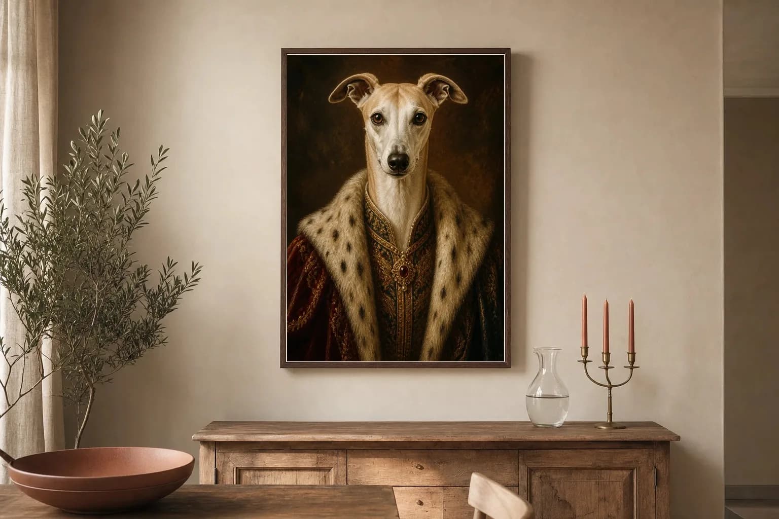 Portrait Renaissance encadré, accroché au-dessus d'un buffet de salle à manger